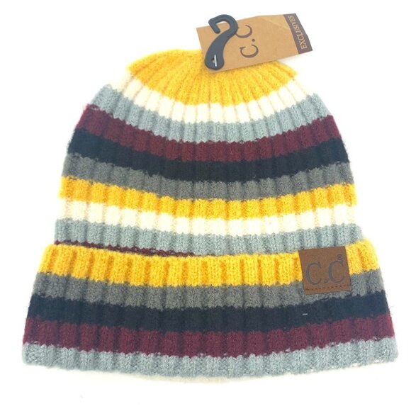 C&C knit beanie in the striped color black, grey, yellow, maroon.  NWT - Picture 1 of 4